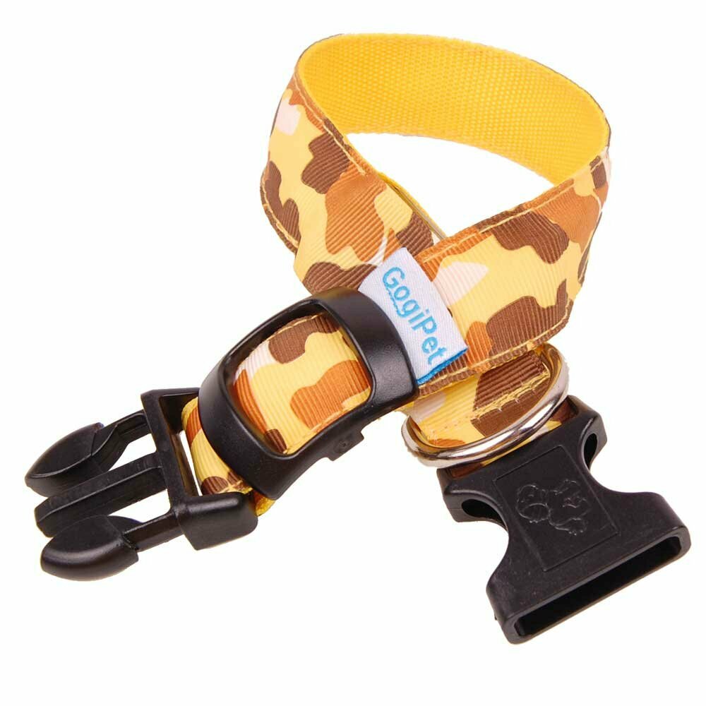 Yellow camouflage dog collar with LEDs and tool free battery swap