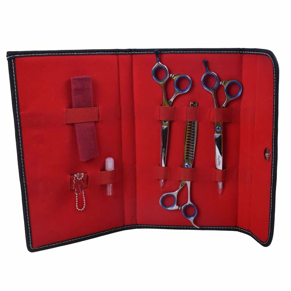 Japan steel basic scissor set in a case 22 cm 7.5 inches straight version, curved version and thinner scissor