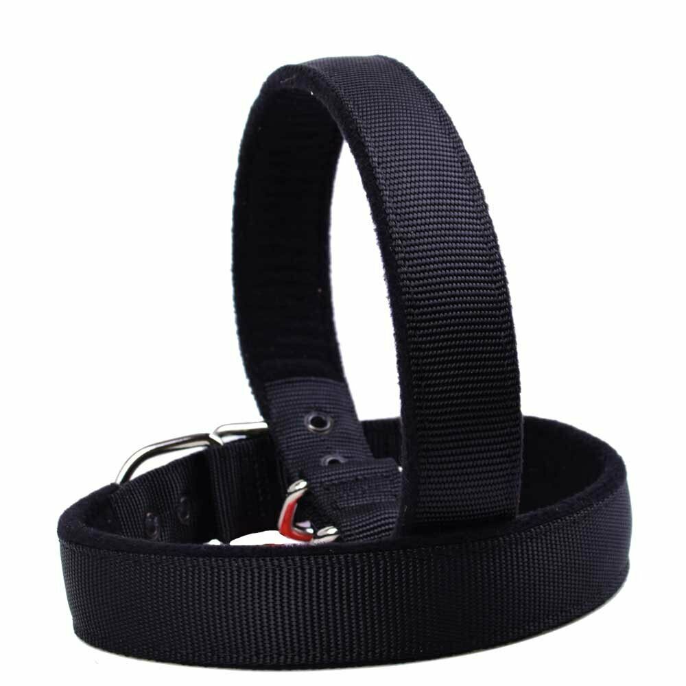 Very robust and cuddly soft dog collar made of black Super Premium fabric with fluffy padding