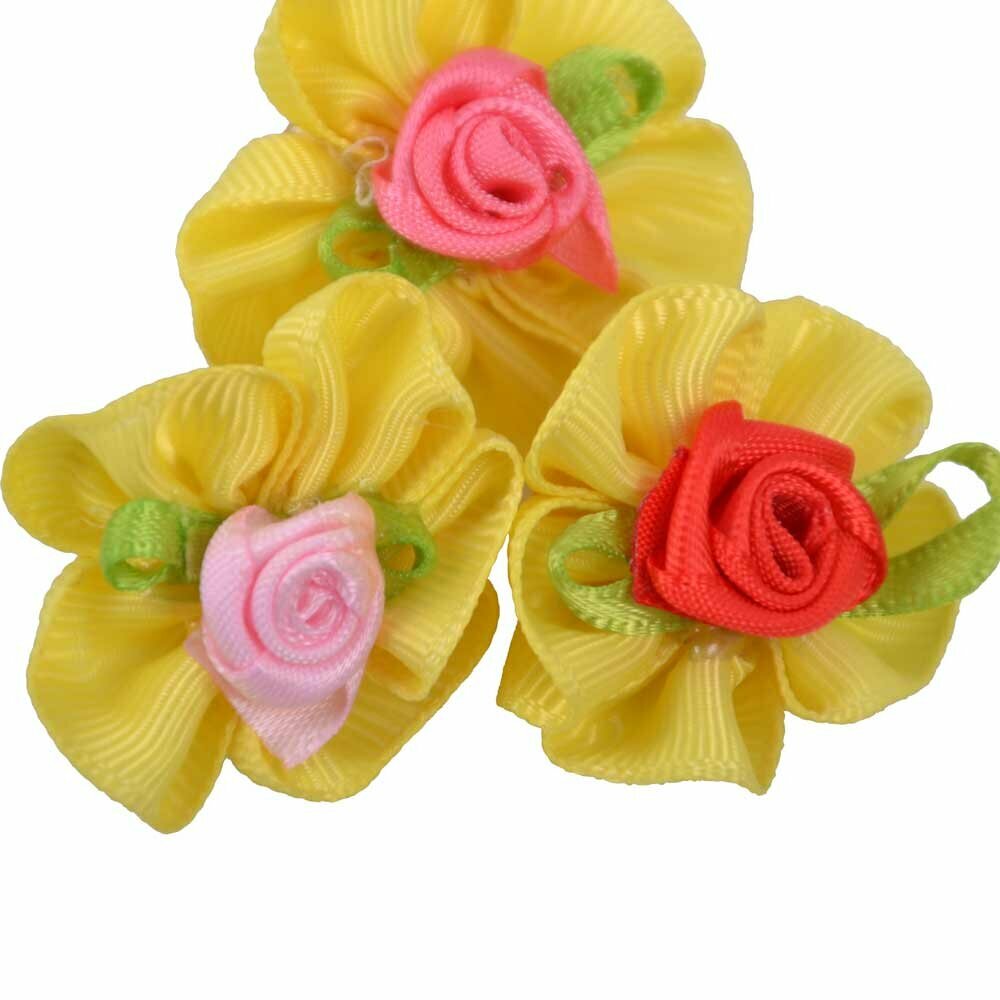 Dog hair bow with rubberring yellow with little rose by GogiPet
