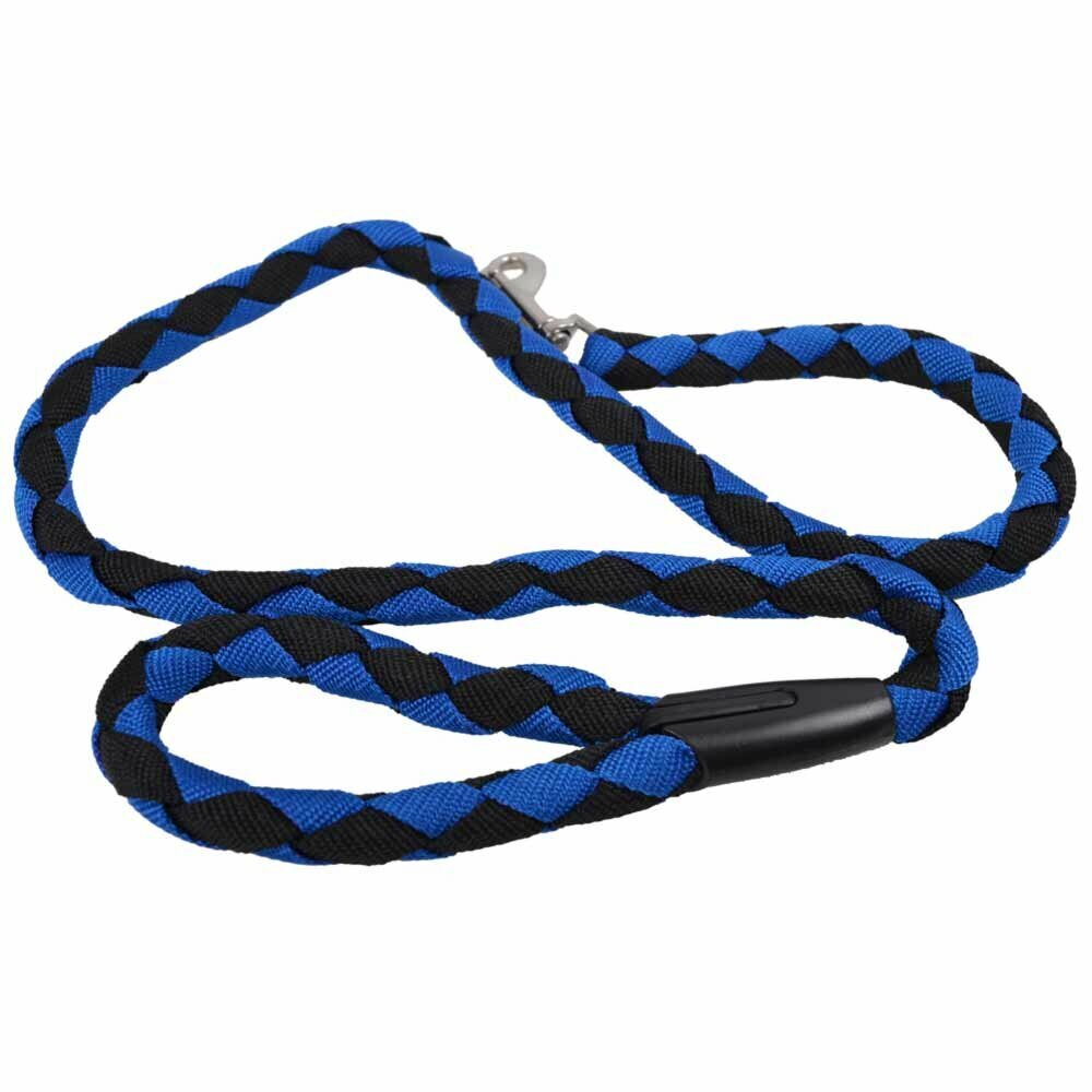 Round dog leash made of sturdy blue black nylon fabric