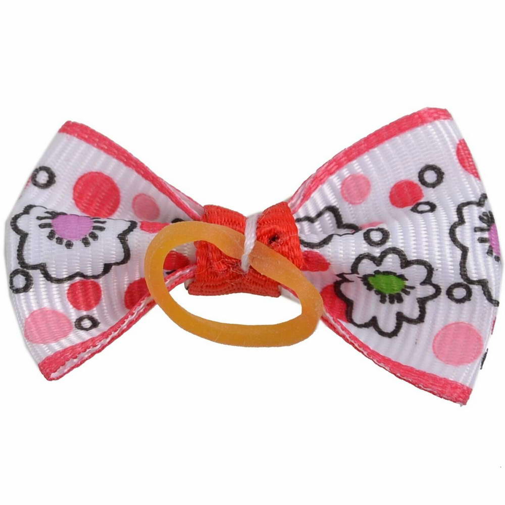 Dog hair bow rubberring red - white with flowers by GogiPet