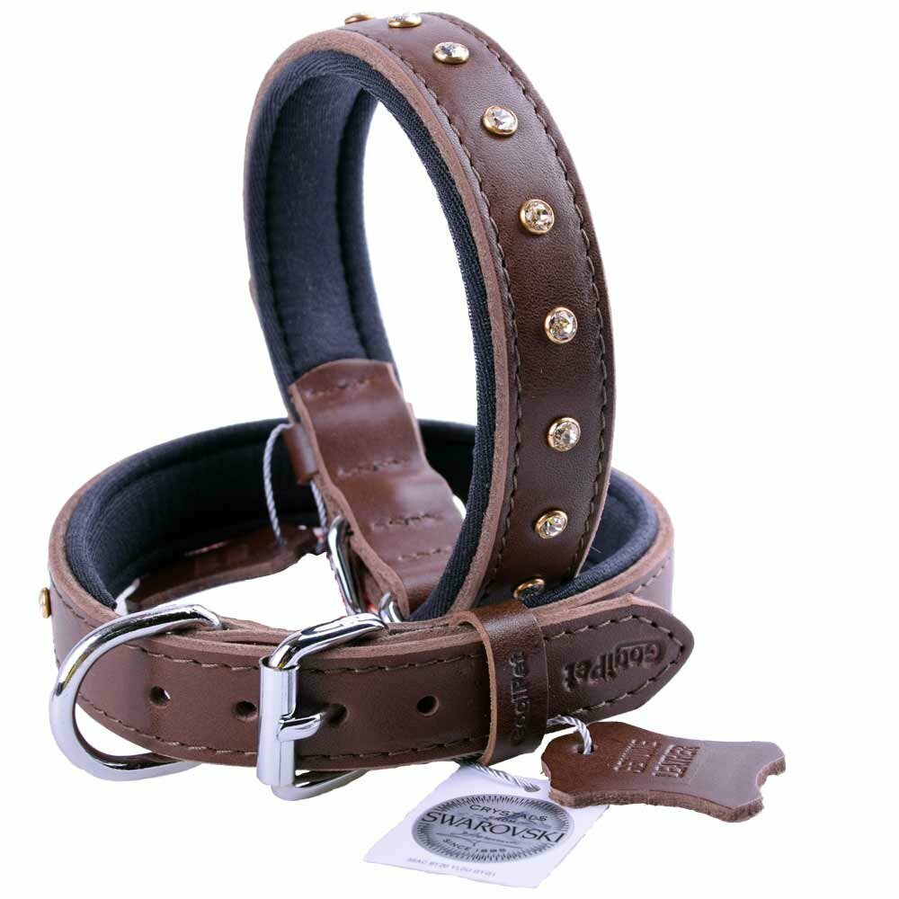 GogiPet® Swarovski leather dog collar brown with high-quality Swarovski crystals