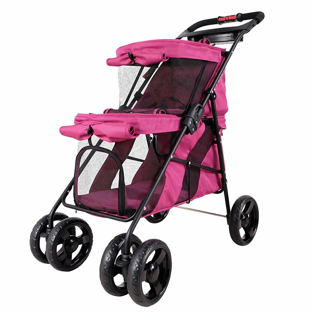 Pink pet stroller with 2 cabins