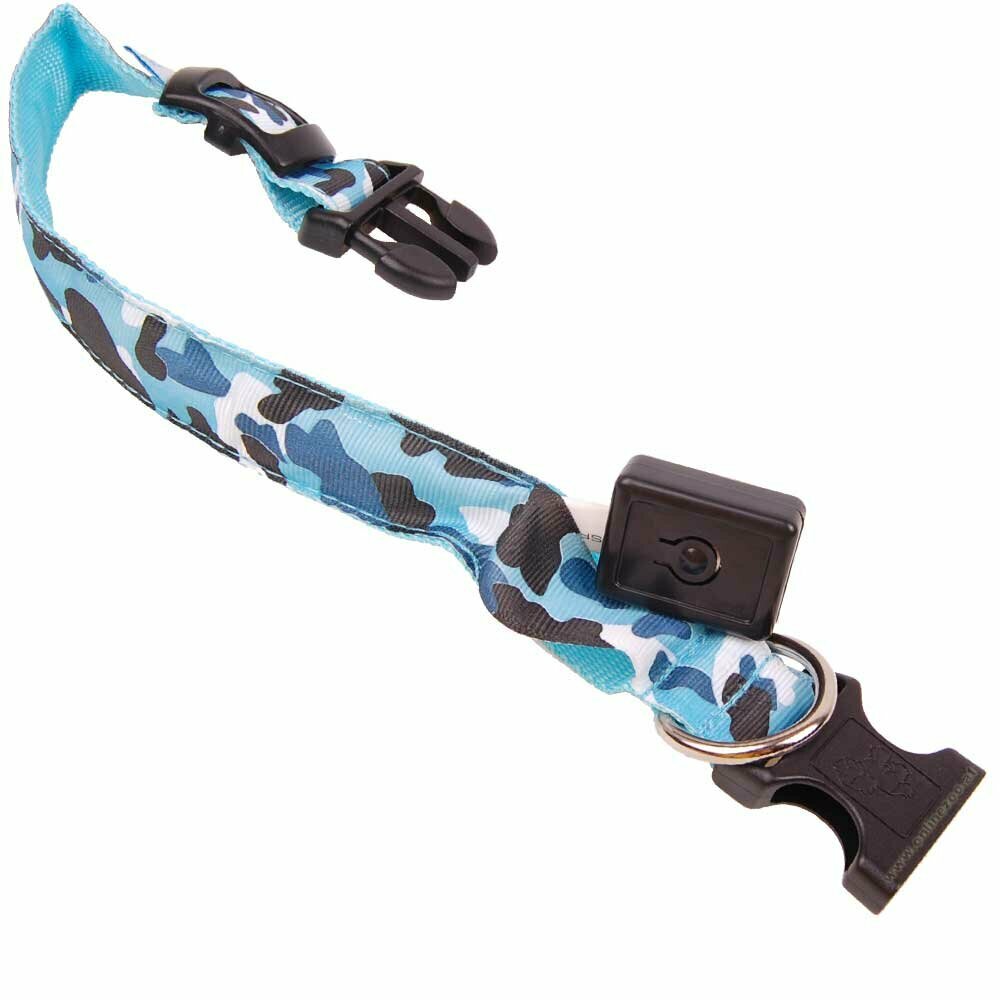 Blue camouflage dog collar with LEDs and tool free battery swap