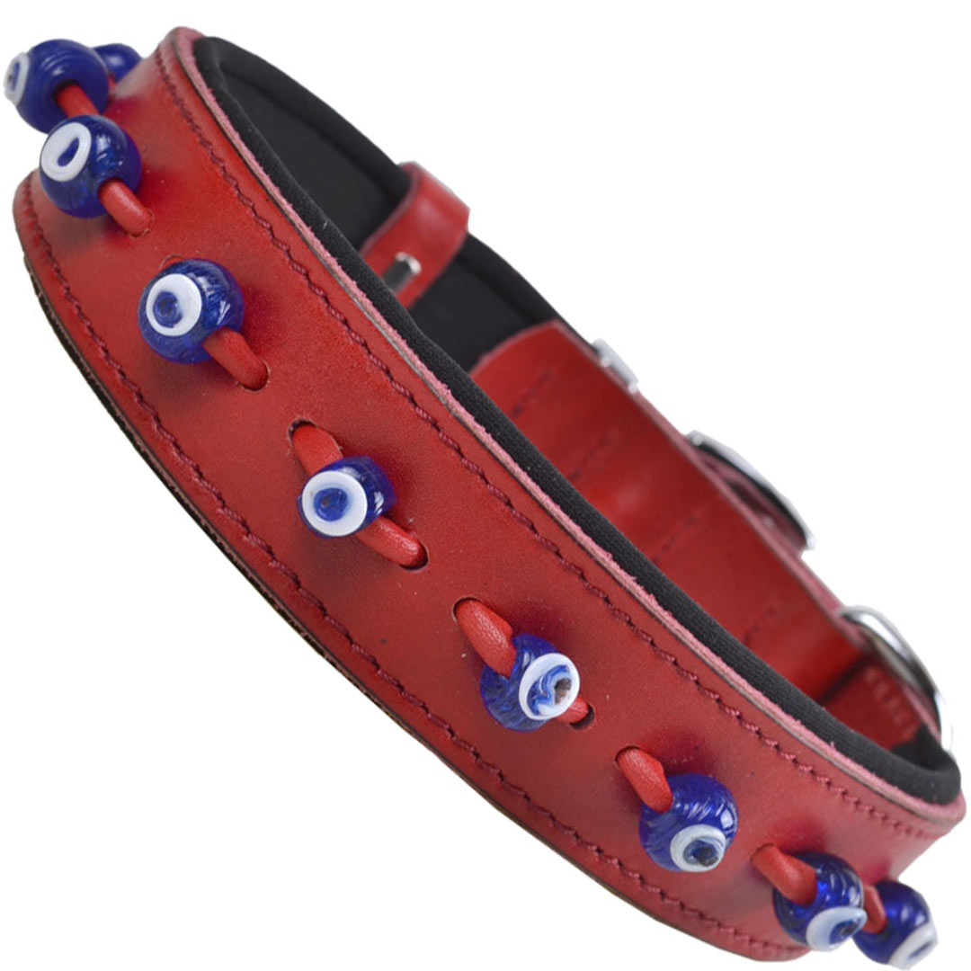 Handmade GogiPet® Nazar eye leather dog collar red