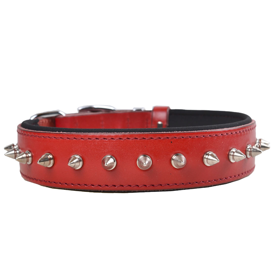 Handmade, red leather dog collar with pointed rivets