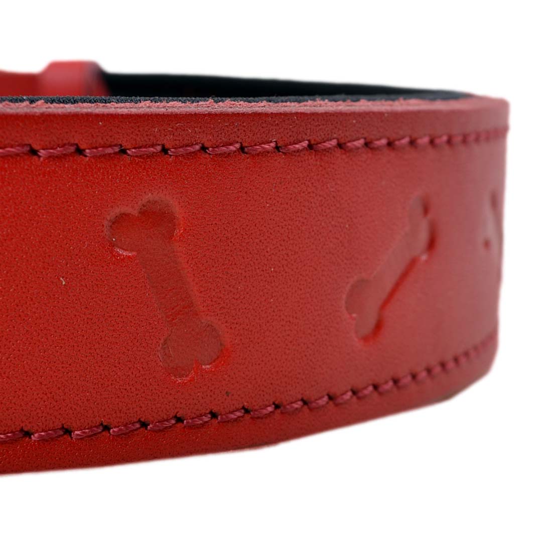 Soft Padded Red Dog Collar with 3D Bones