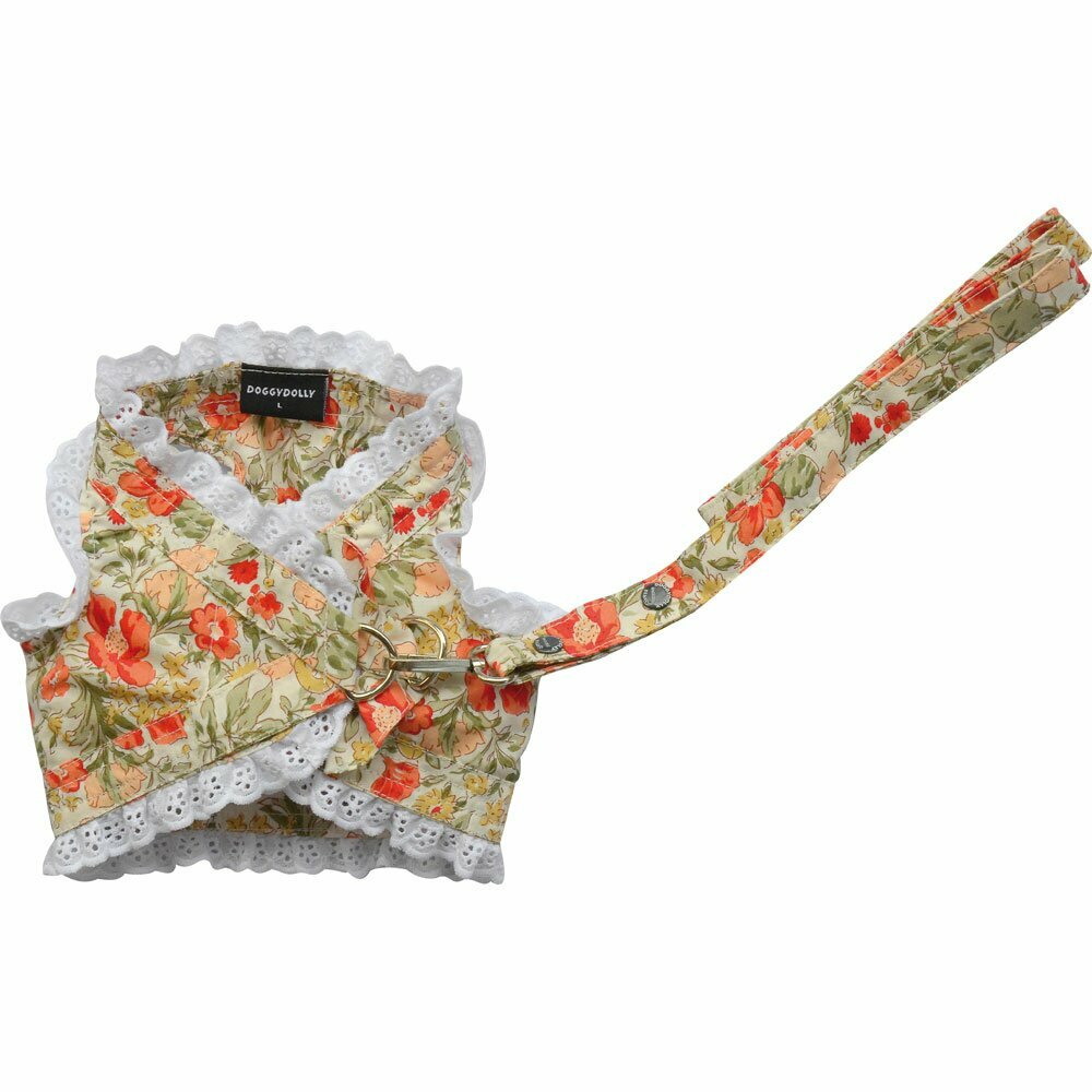 Soft chest harness orange, flowers with frills - Soft chest harness for dogs by DoggyDolly DCL121