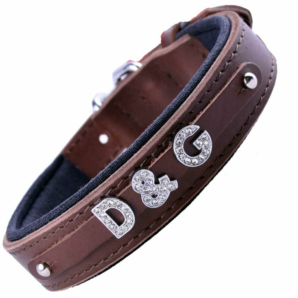 Rhinestone dog collar in brown cowhide leather