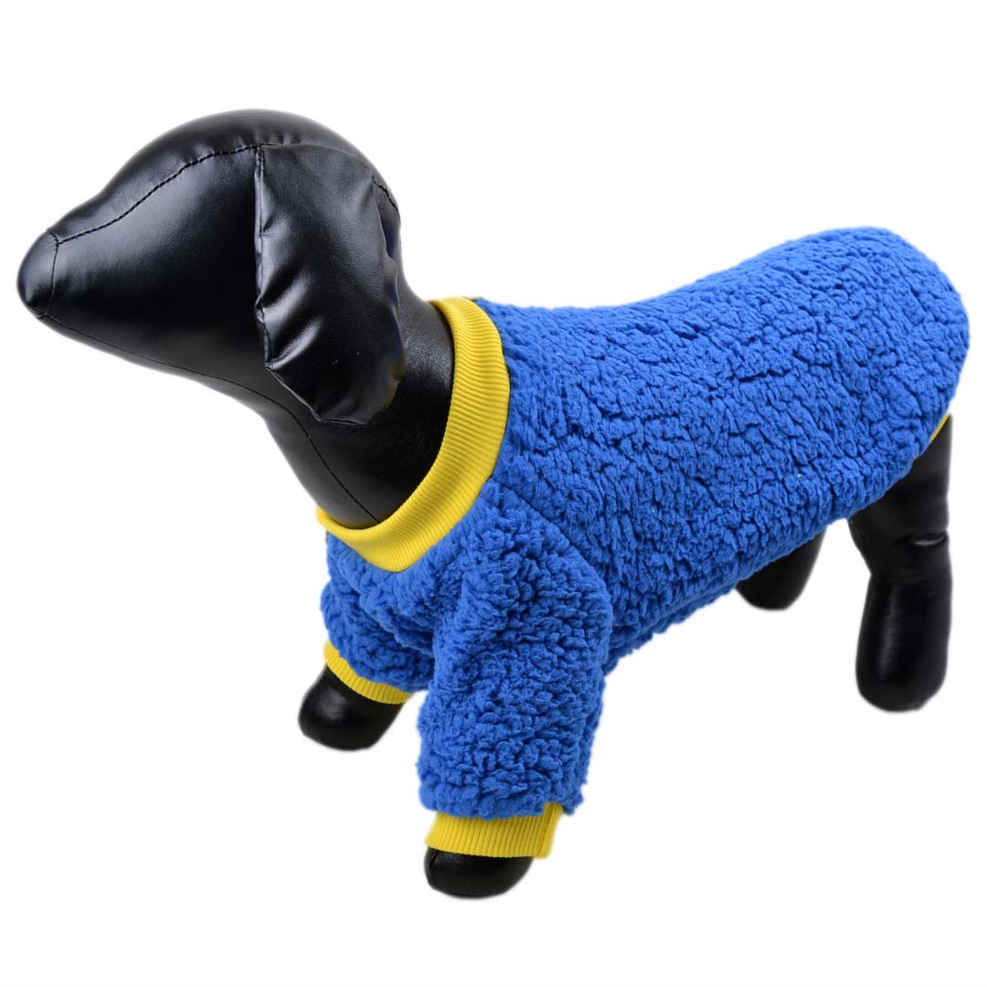 Dark blue warm dog jumper on fluffy sherpa fleece