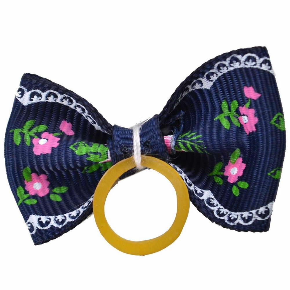 Dog hair bow rubberring dark blue with flowers by GogiPet