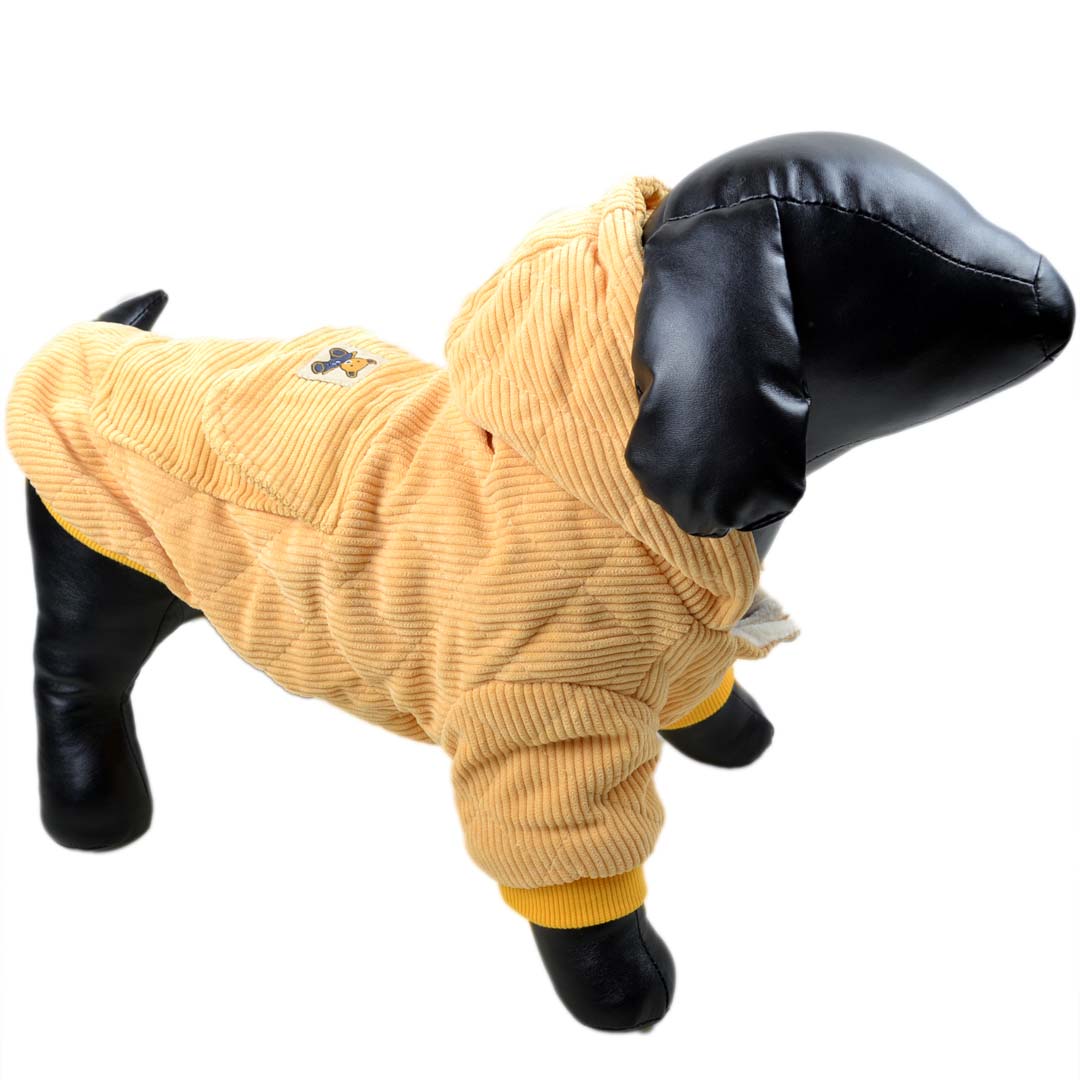Warm corduroy dog jacket yellow with hood - warne dog clothing
