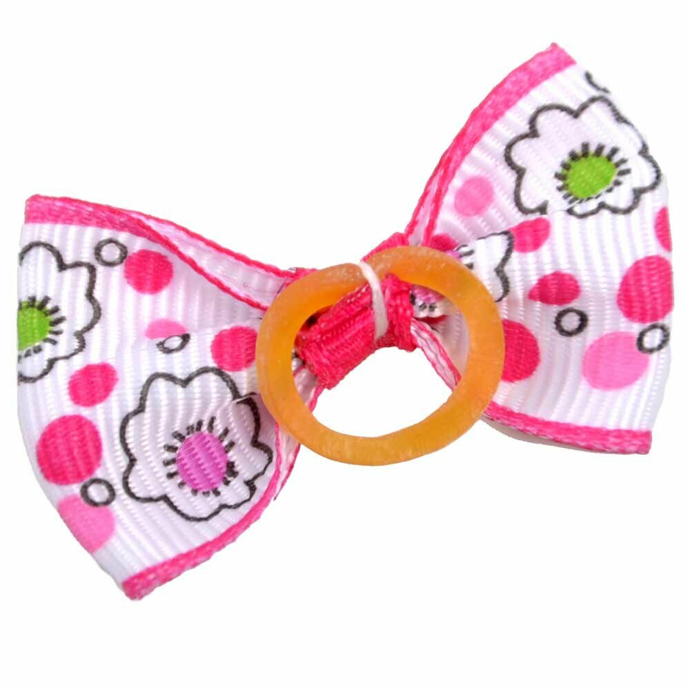 Dog hair bow rubberring pink - white with flowers by GogiPet