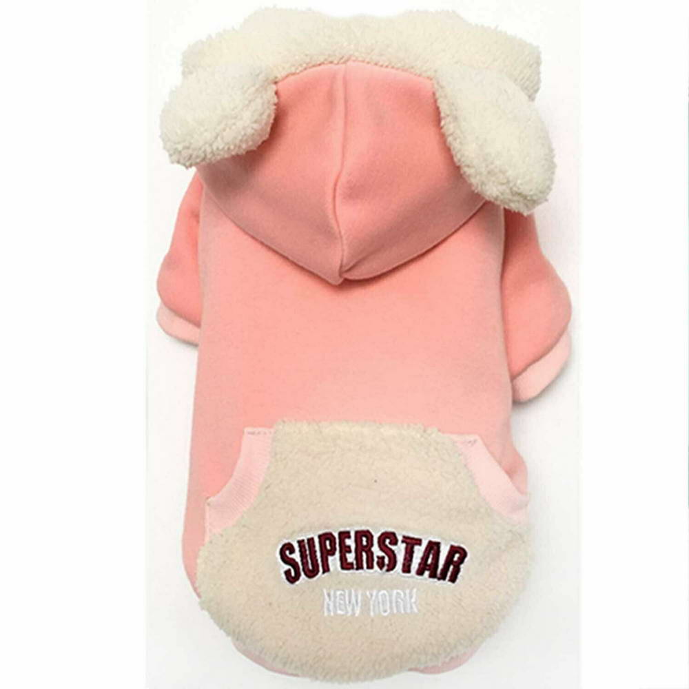 Warm dog jacket with bear ears in warm salmon color