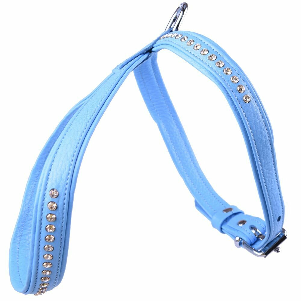 Swarovski dog harness in blue floater leather