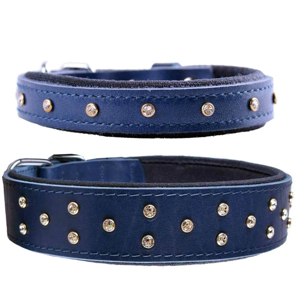 Handmade Swarovski comfort leather dog collar blue with Swarovski crystals