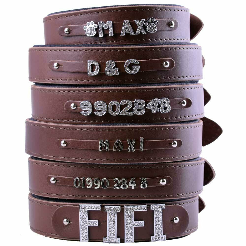 Brown leather dog collars for rhinestone letters, numbers and motives with soft lining