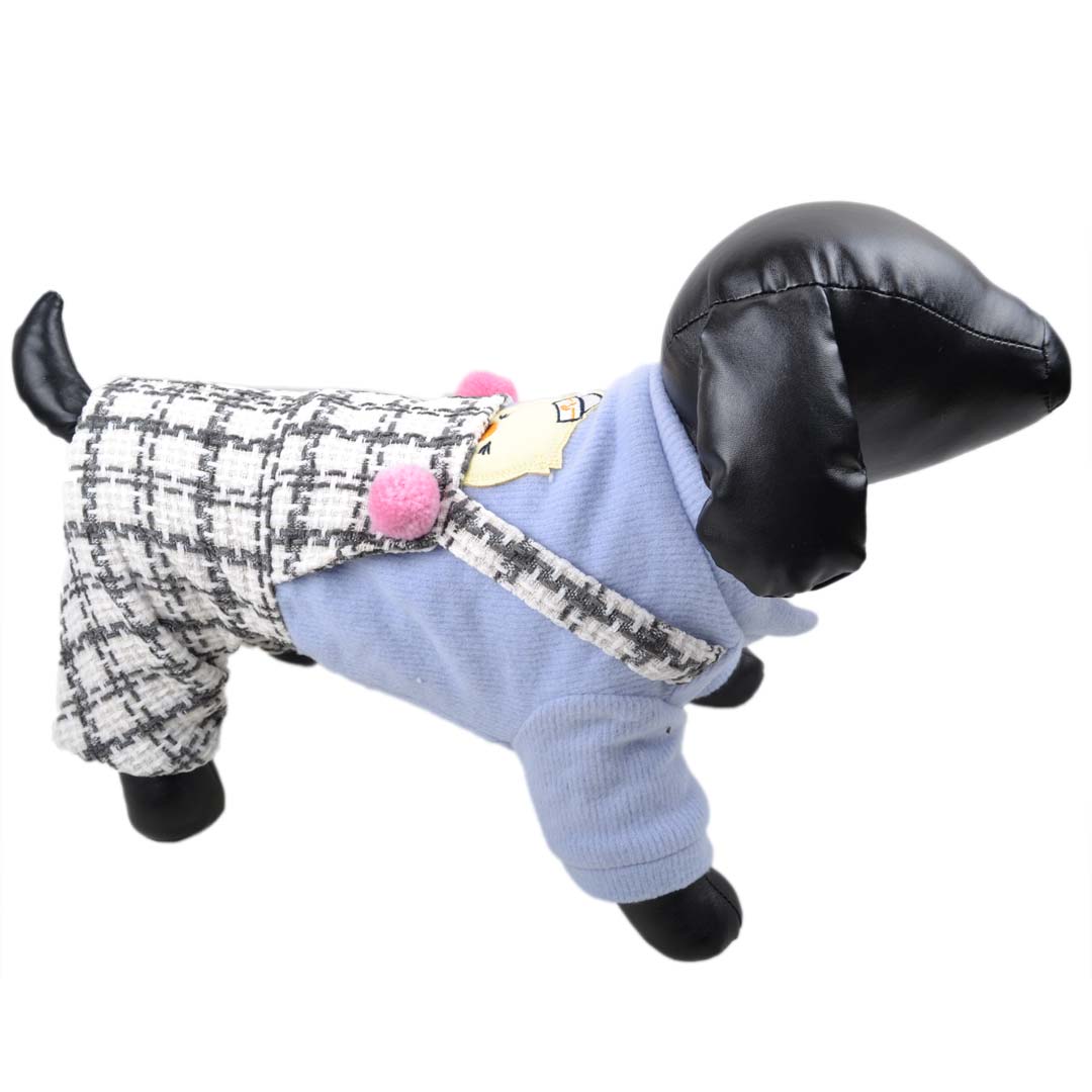 Dog coat one-piece with indicated trousers and cute chick on the back