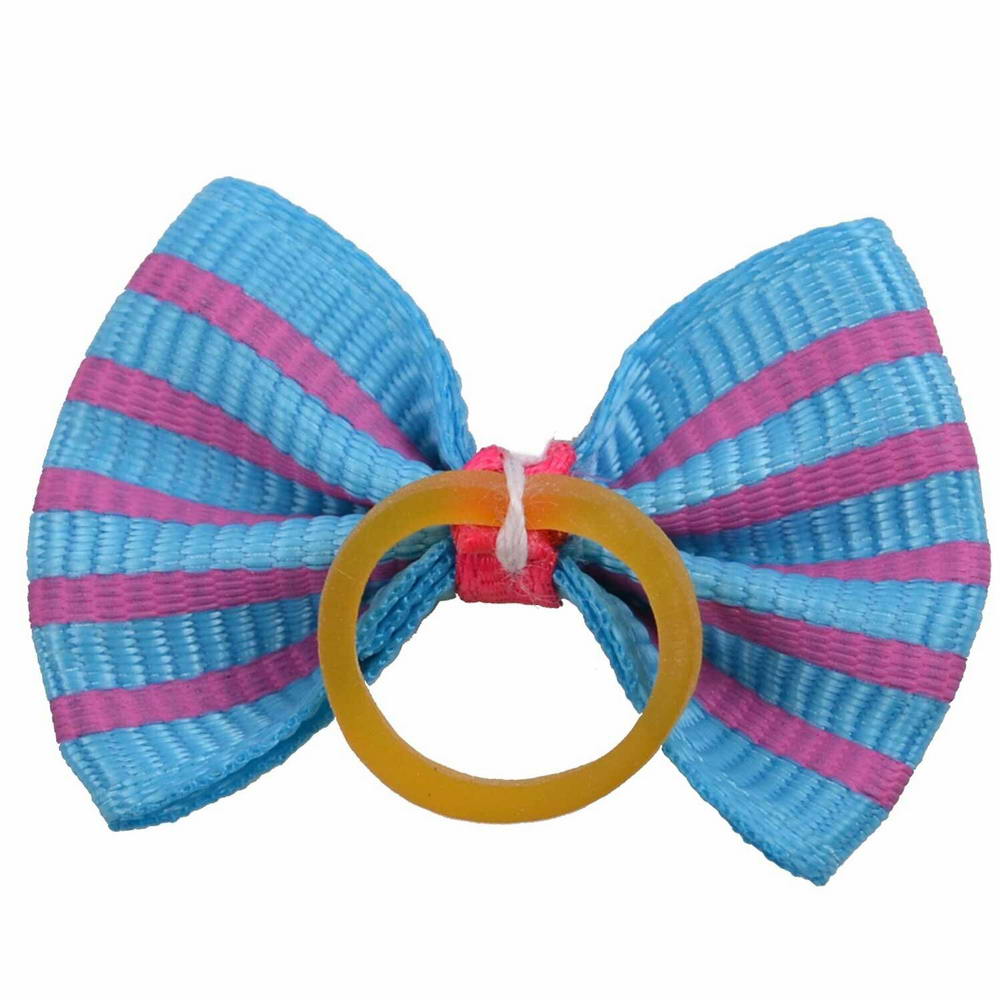 Hair bow with rubber band light blue with pink stripes by GogiPet