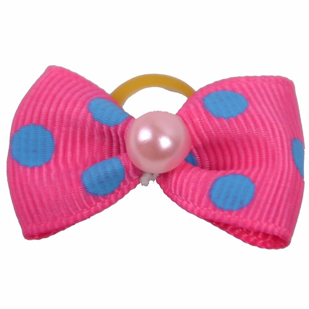 Handmade dog bow pink with blue dots and a pearl by GogiPet