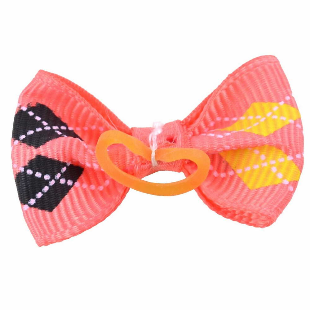 Checked, salmon dog bow with hairband by GogiPet