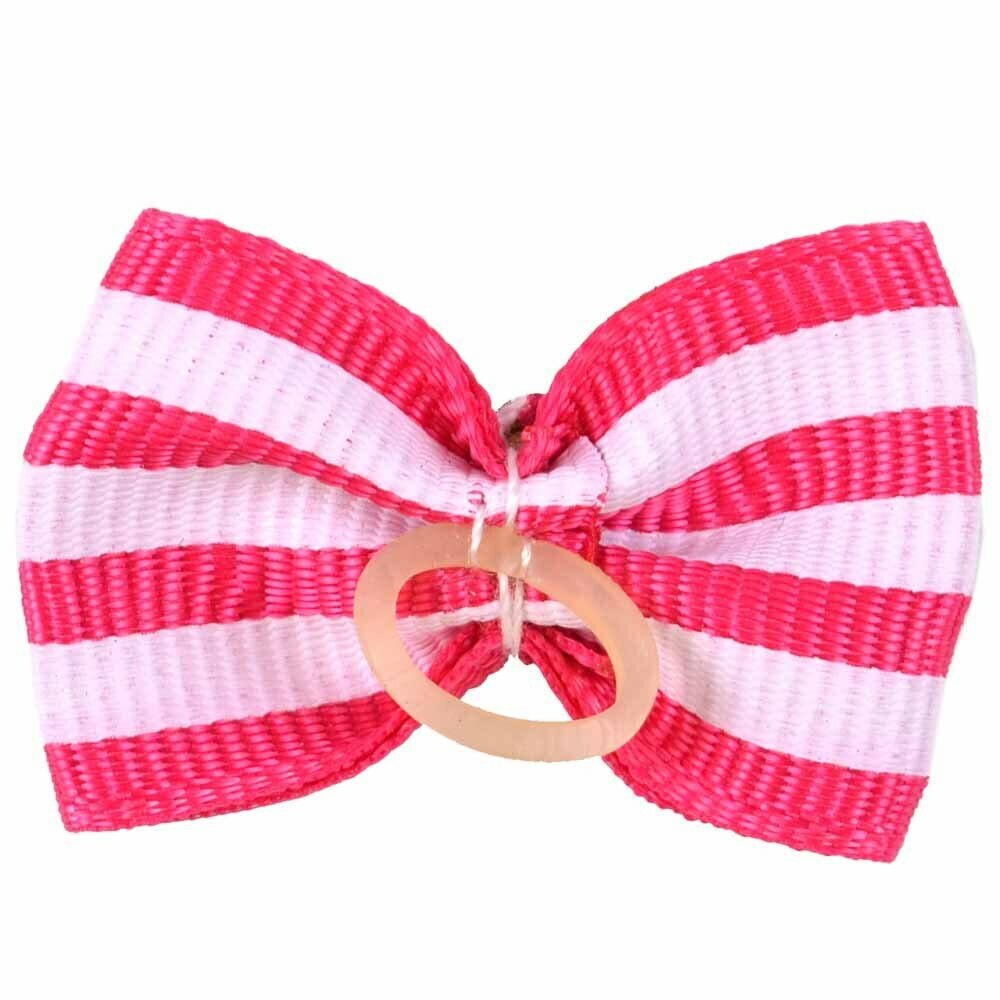 Handmade dog bow pink white striped with GogiPet® glittering stone flower