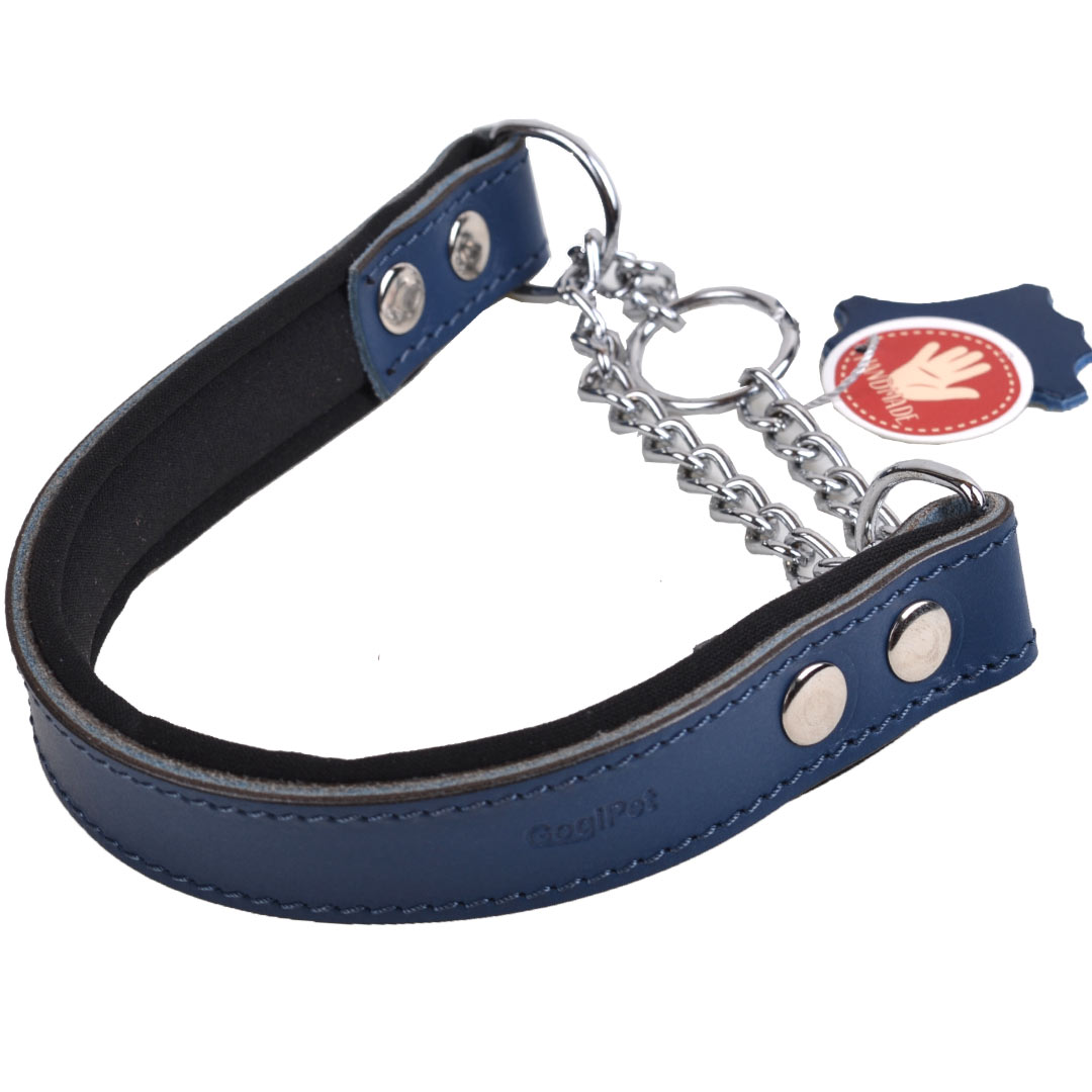 Real leather dog collars blue from GogiPet with chain for easy putting on and taking off