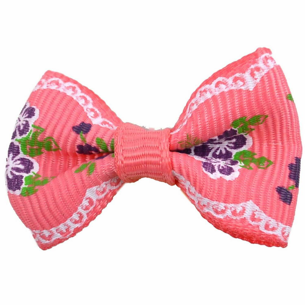 Handmade dog bow pink with flowers by GogiPet