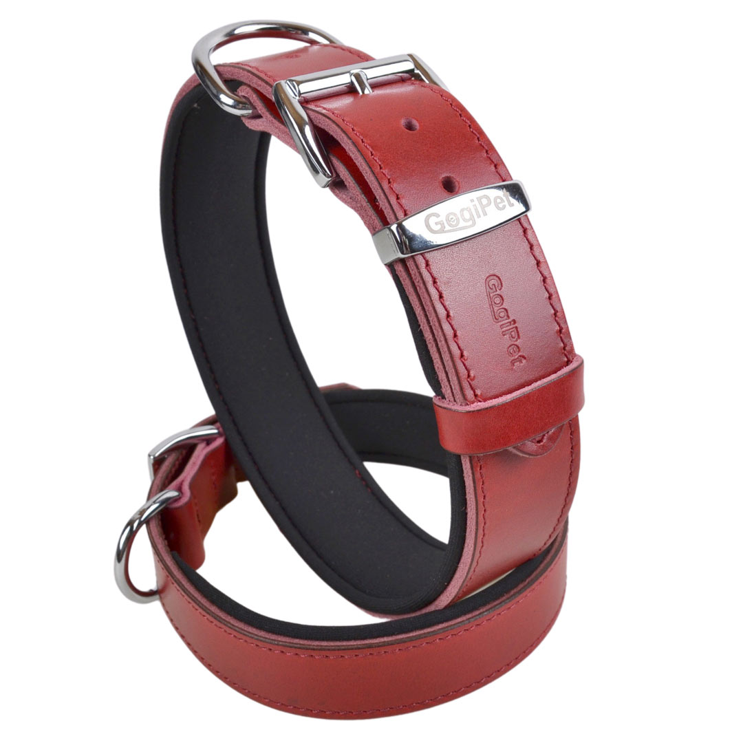 Red comfort leather dog collar with soft padding