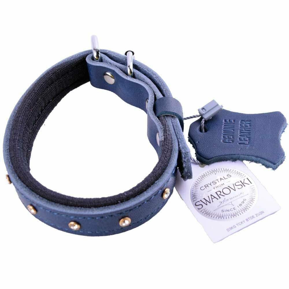 Beautiful leather dog collar with Swarovski stones blue