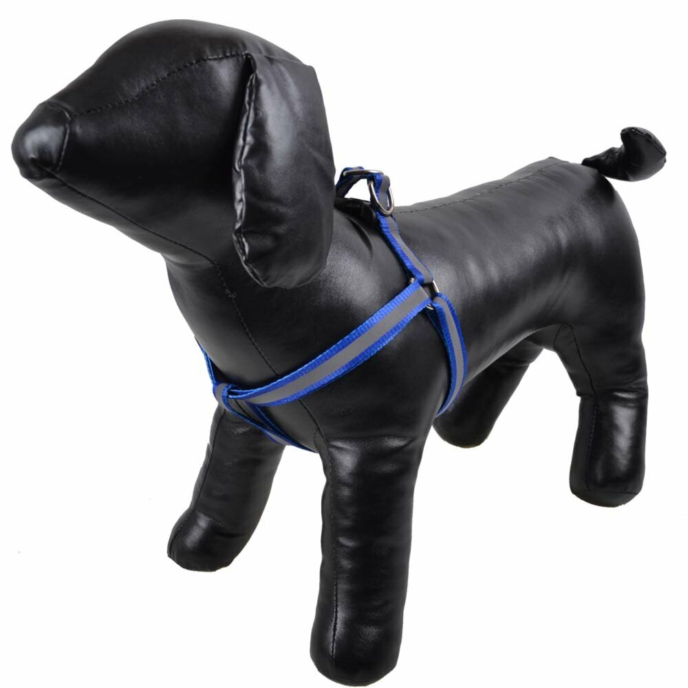 Blue dog harness with reflection stripes