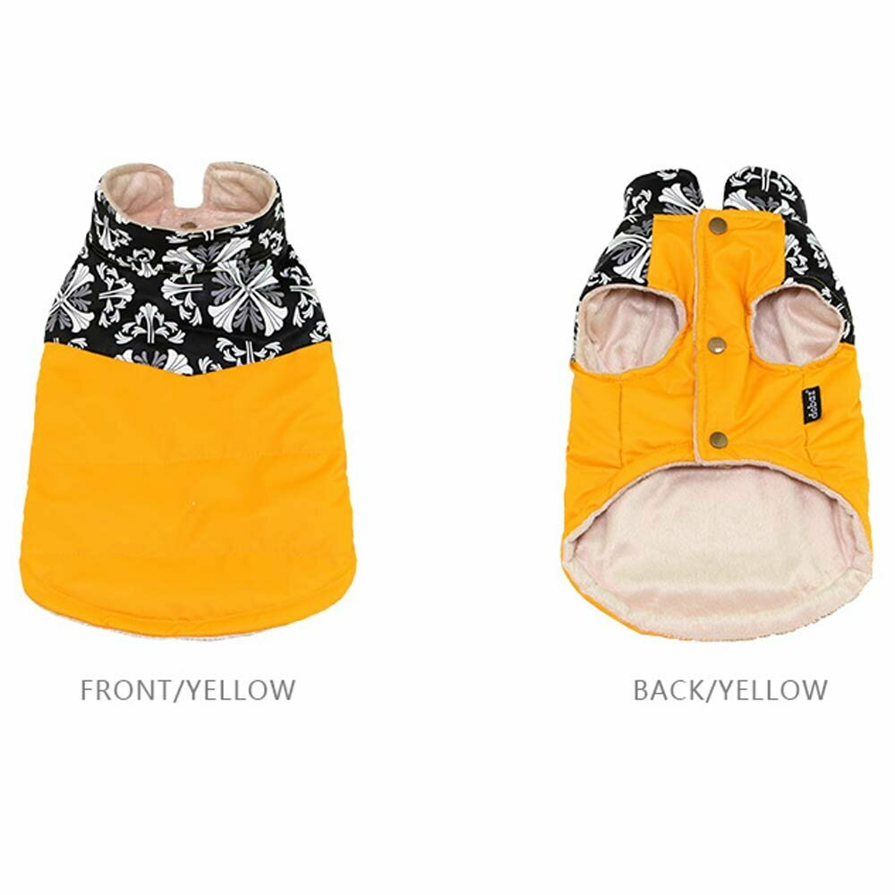 dog coat Nancy yellow front view and rear view
