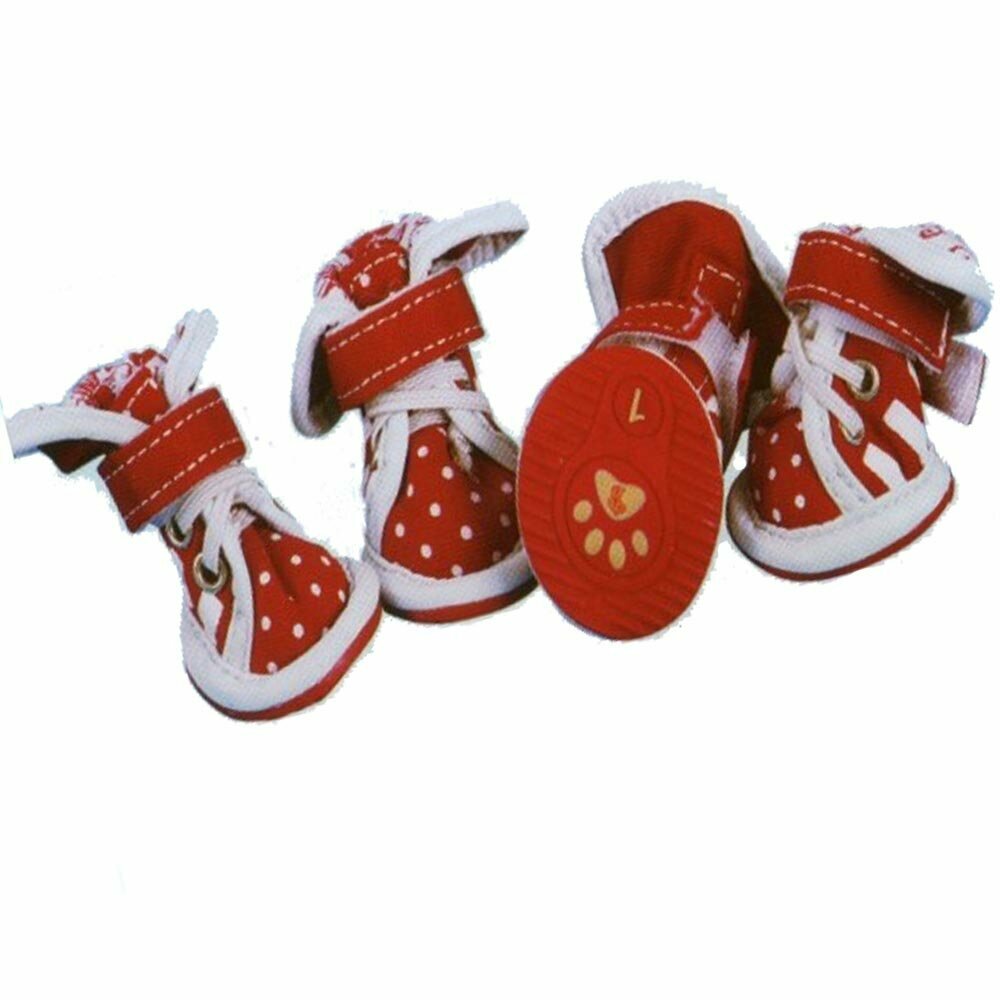 dog shoes red with white polka dots