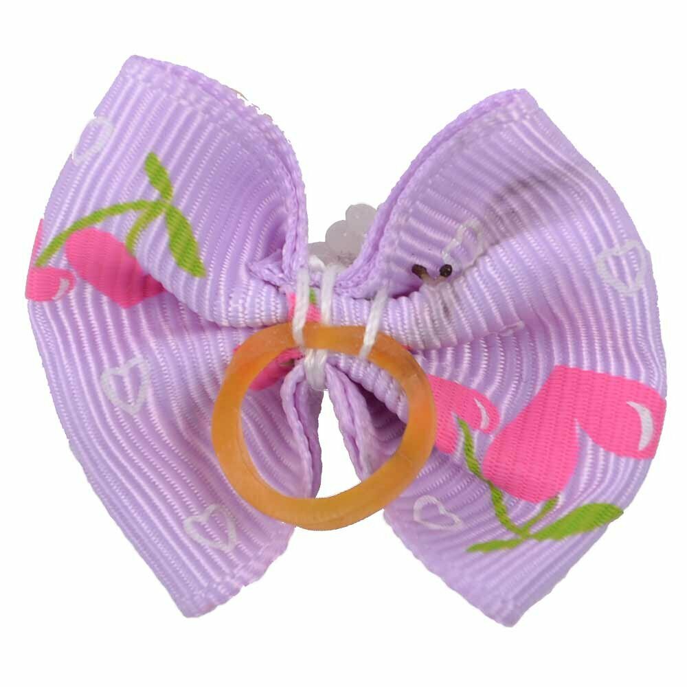 Dog bow with rubber ring - with hearts purple with glittering stone by GogiPet