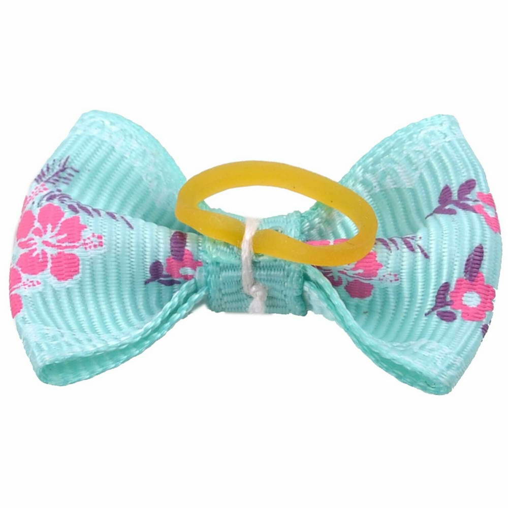 Dog hair bow rubberring turquoise with flowers by GogiPet