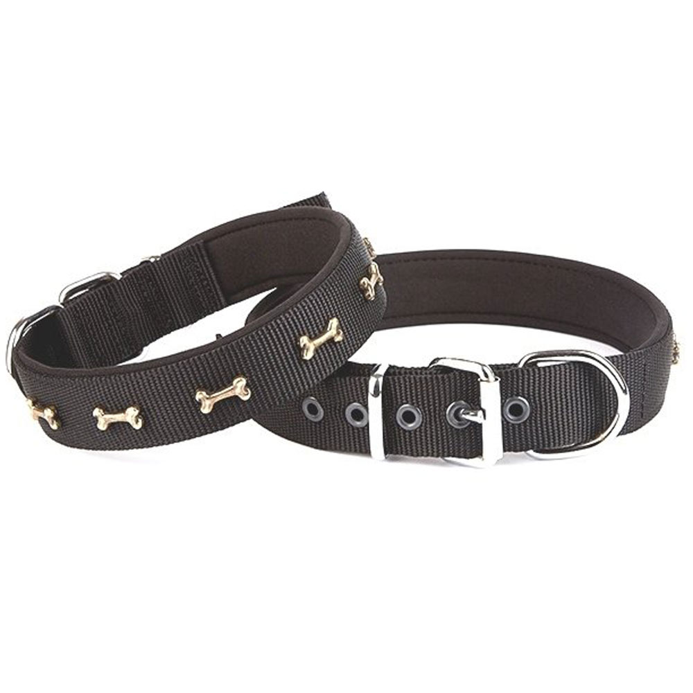 Textile dog collar with metal bone decoration