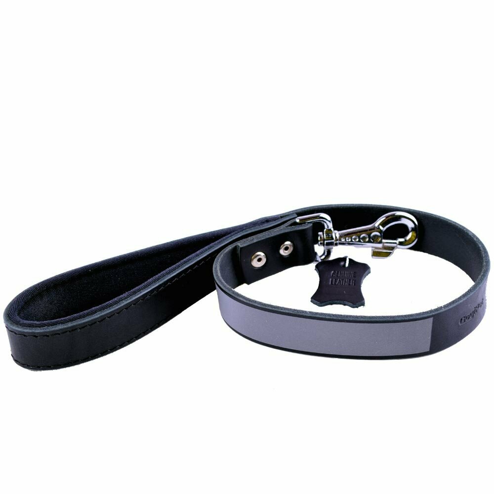 Black genuine leather dog leash with soft padded handle and reflective strips