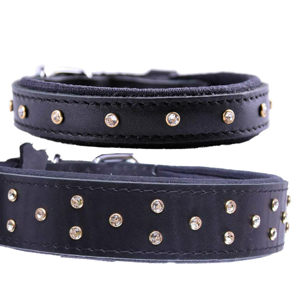 Handmade Swarovski comfort leather dog collar black with Swarovski crystals