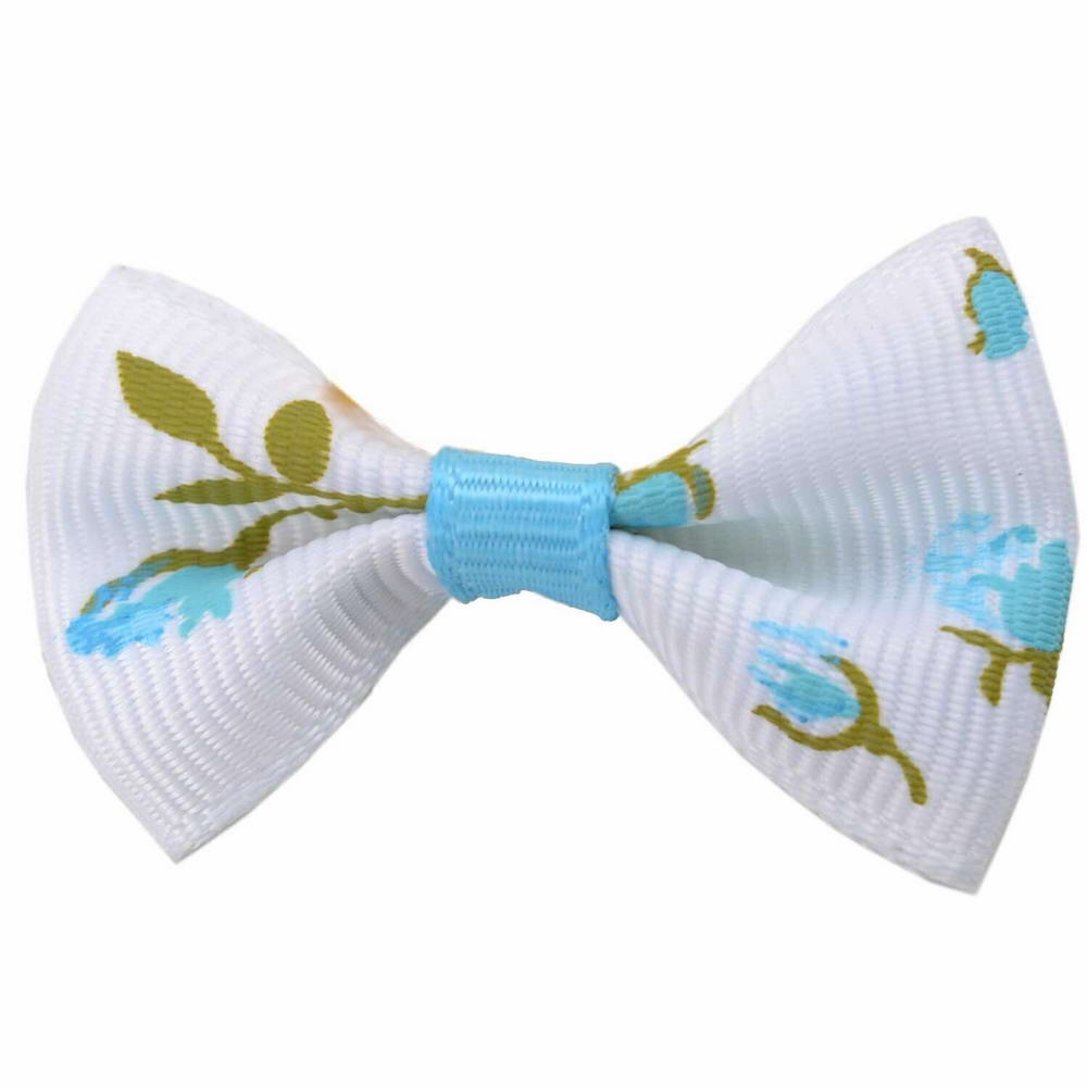 Handmade dog bow white blue with flowers by GogiPet