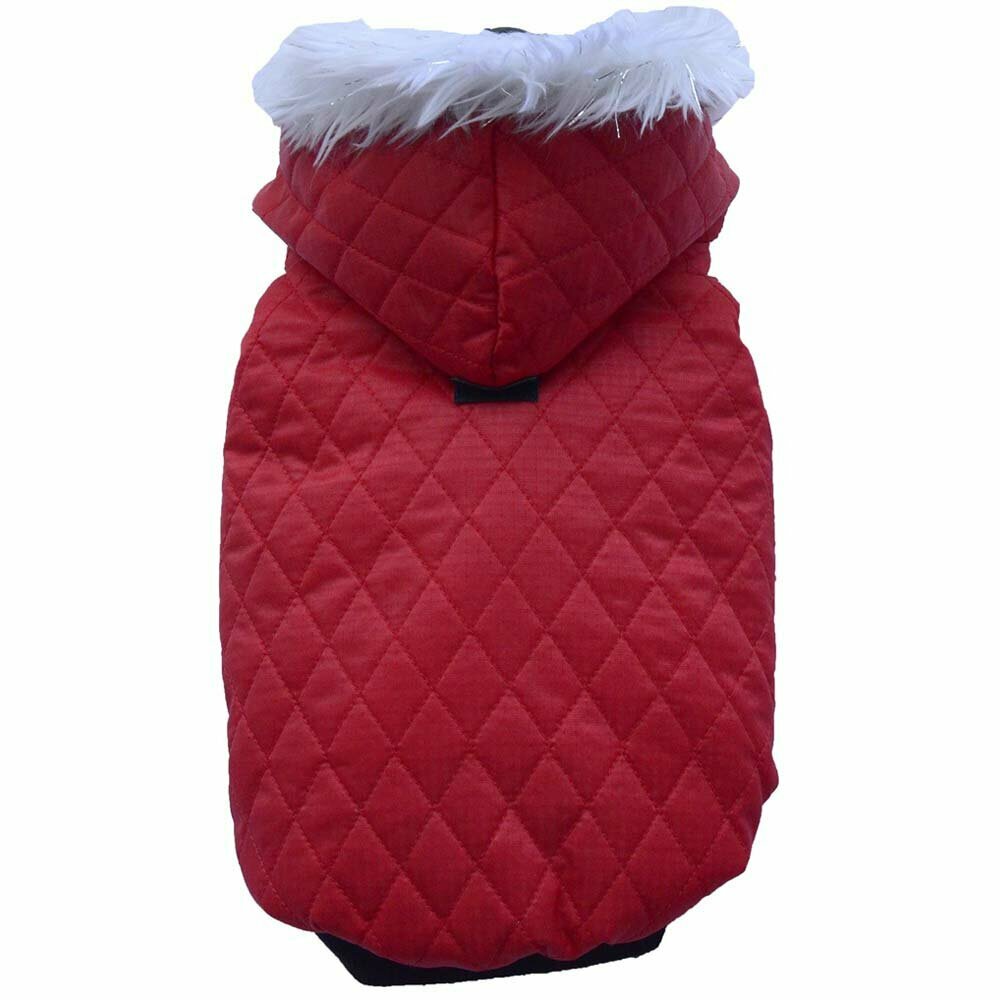 red dog coat of DoggyDolly - warm quilt jacket for dogs with hood and white fur border of DoggyDolly W042