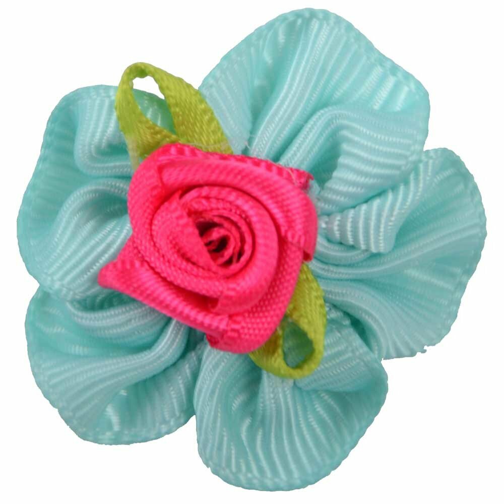 Handmade dog bow turquoise with little rose by GogiPet