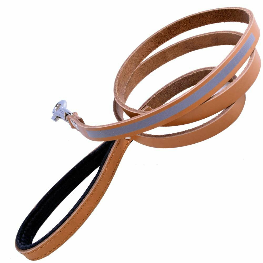 Camel coloured dog leash made of genuine leather, handcrafted as a glowing dog leash in the spotlight