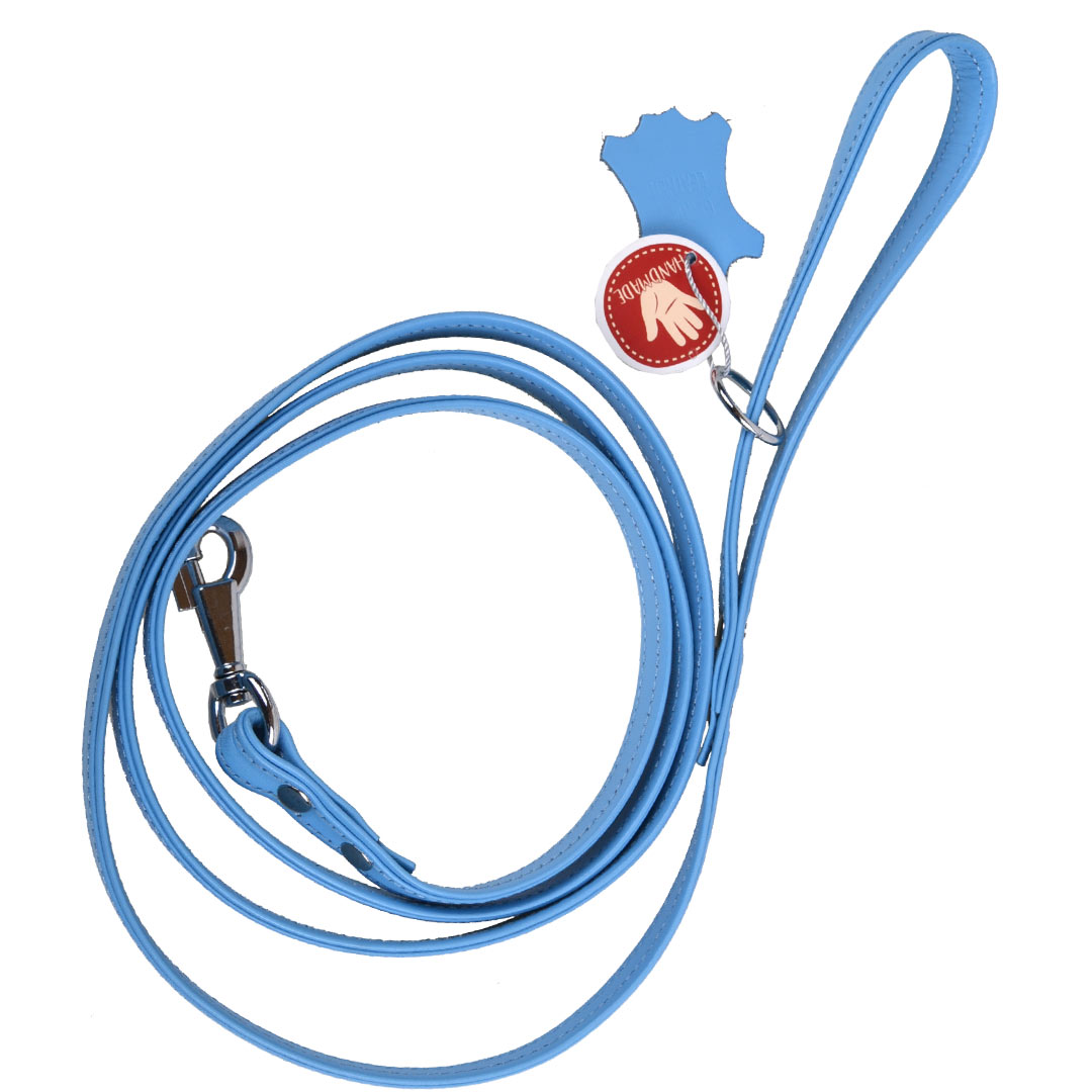 Handmade, light blue floater leather dog leash with metal ring for the poop bag dispenser