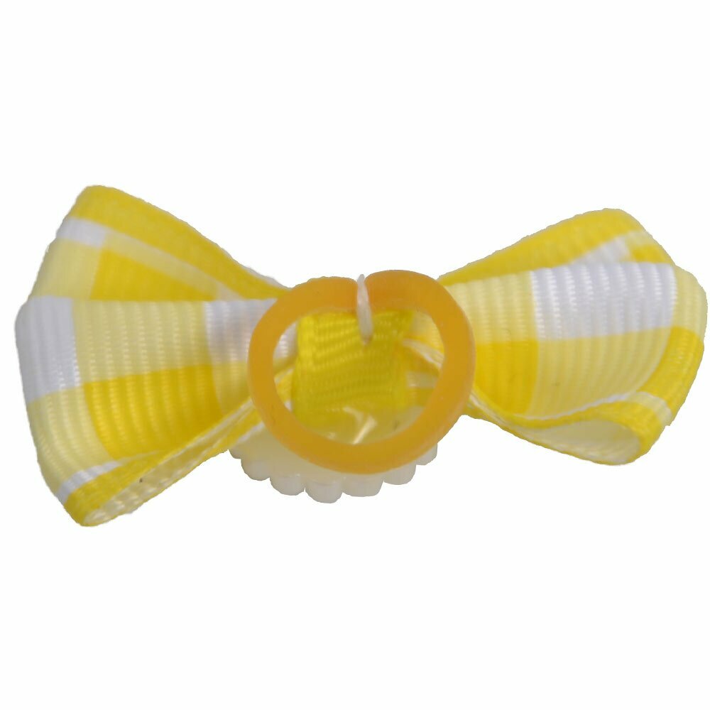 Dog bow with rubber ring - yellow checkered with stone by GogiPet
