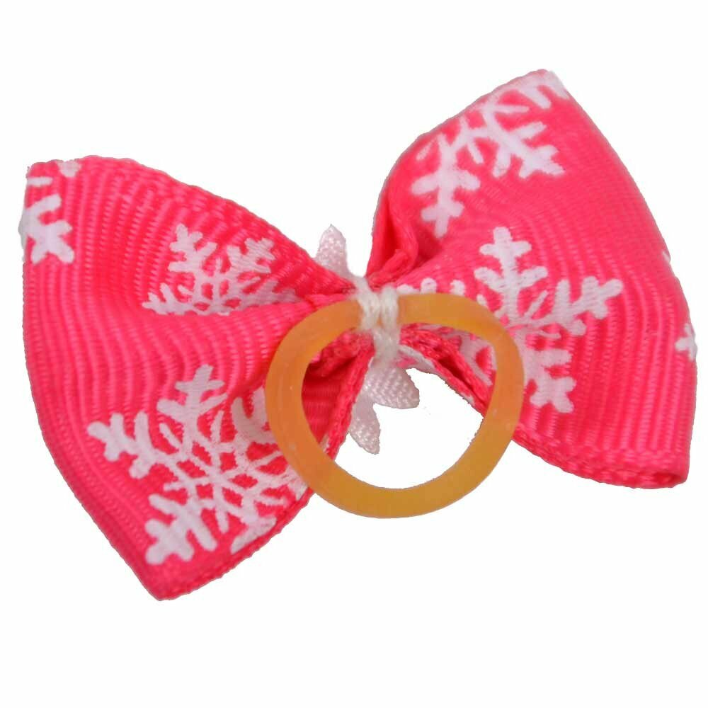 Dog bow with rubber ring - pink with snowflackes and sparkling stone by GogiPet