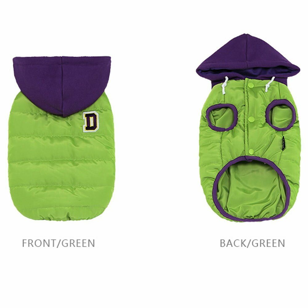 Front view and back view of GogiPet ® dog anorak light green with hood
