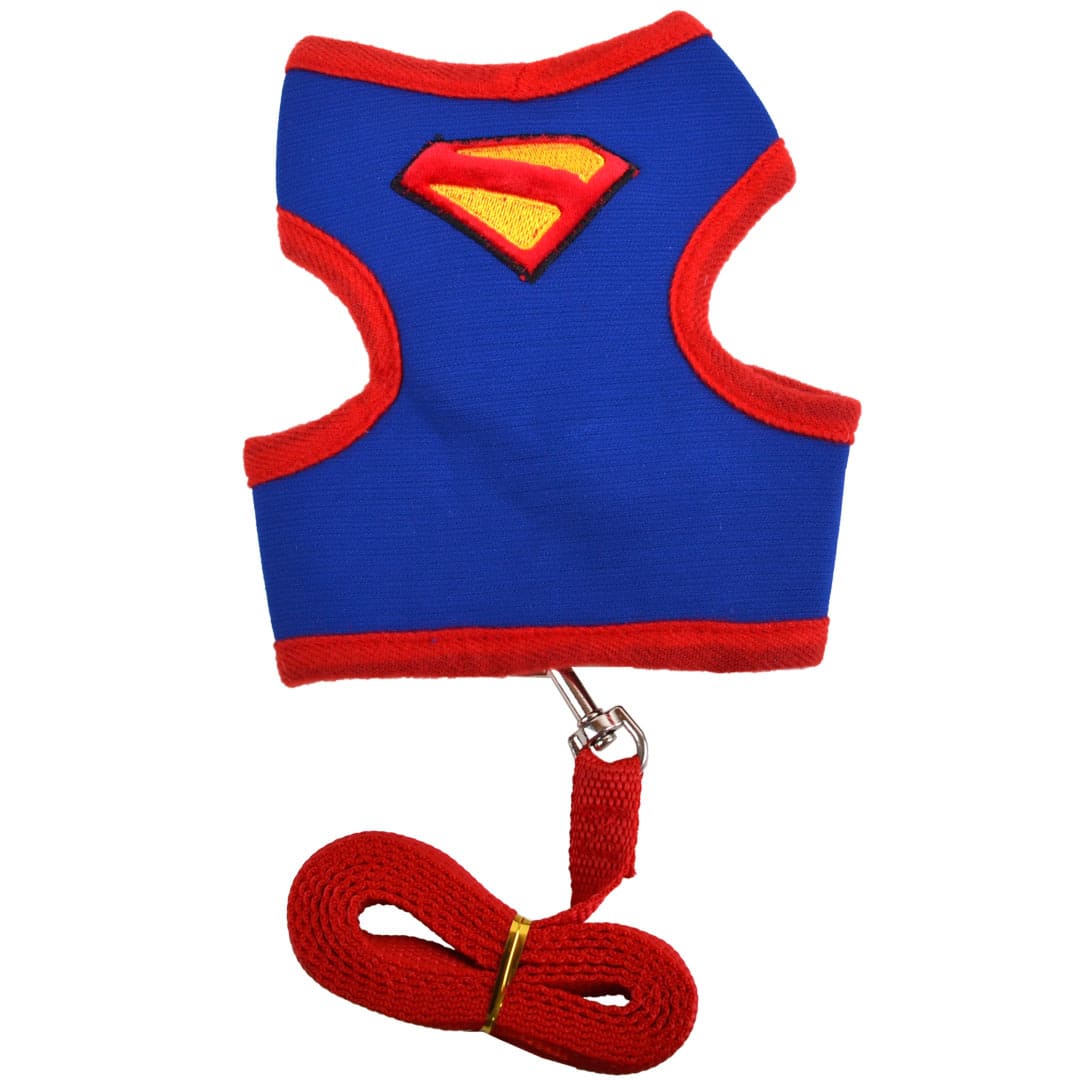 Soft dog harness Superman. Superman soft harness for dogs with dog leash in a set
