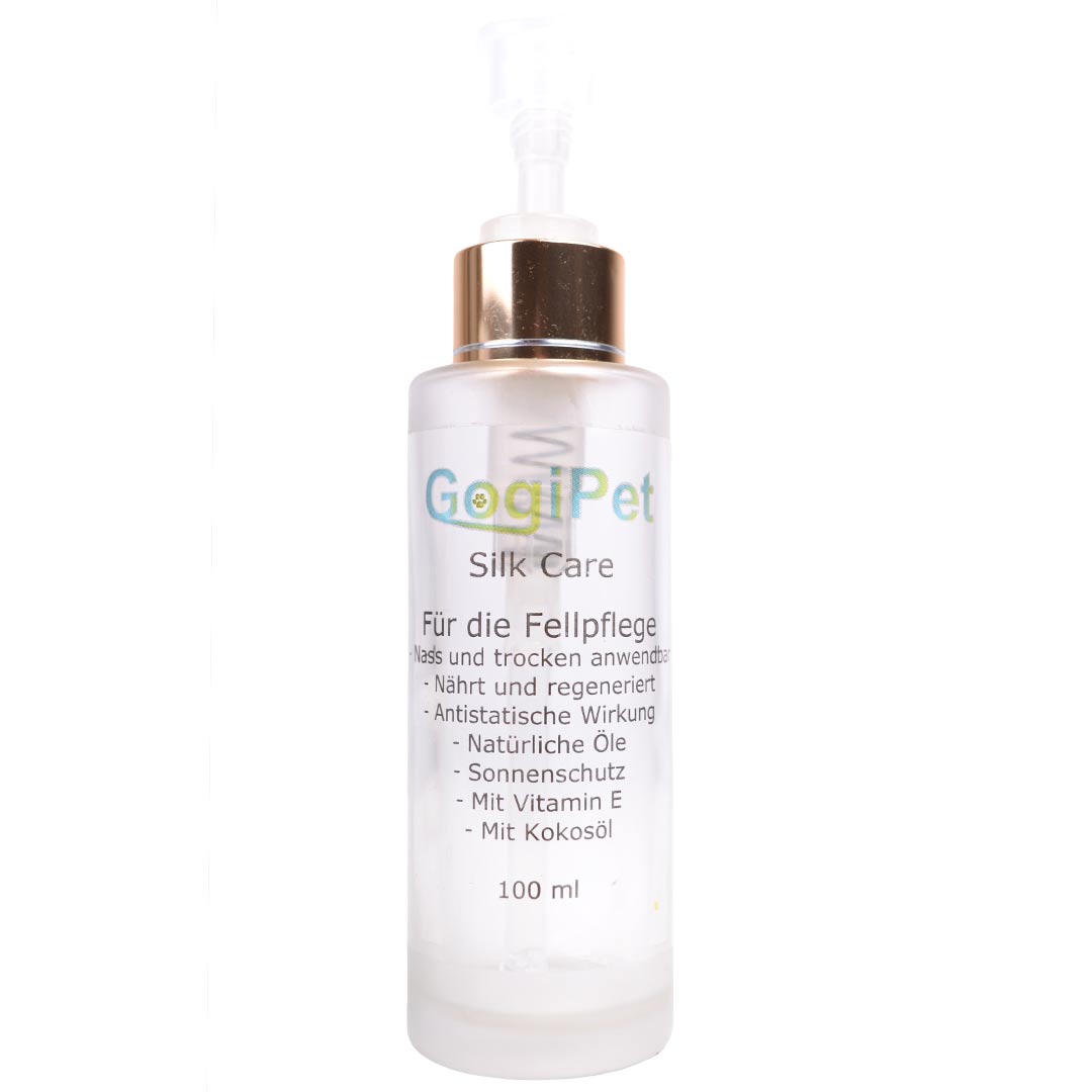 GogiPet Silk Care in a beautiful glass bottle with practical dosing pump