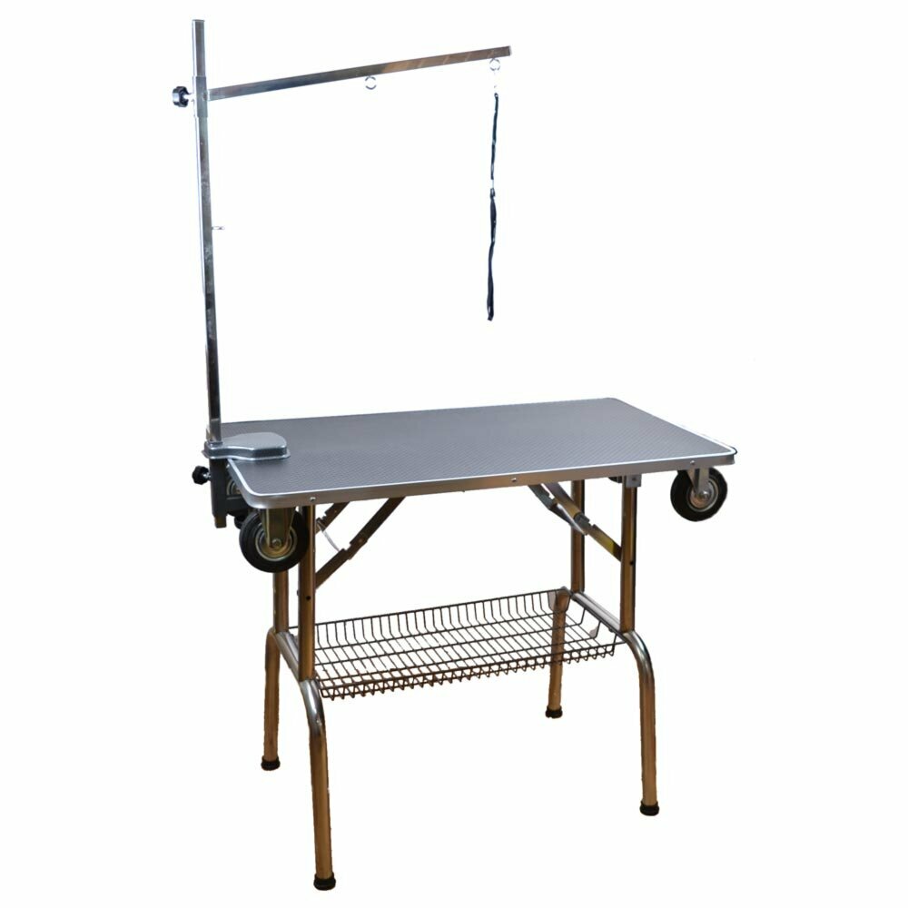 Mobile grooming table with wheels, control post, grooming noose and basket